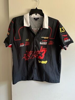 Boohoo Black Racing Graphic Button-Down Shirt with White Collar
